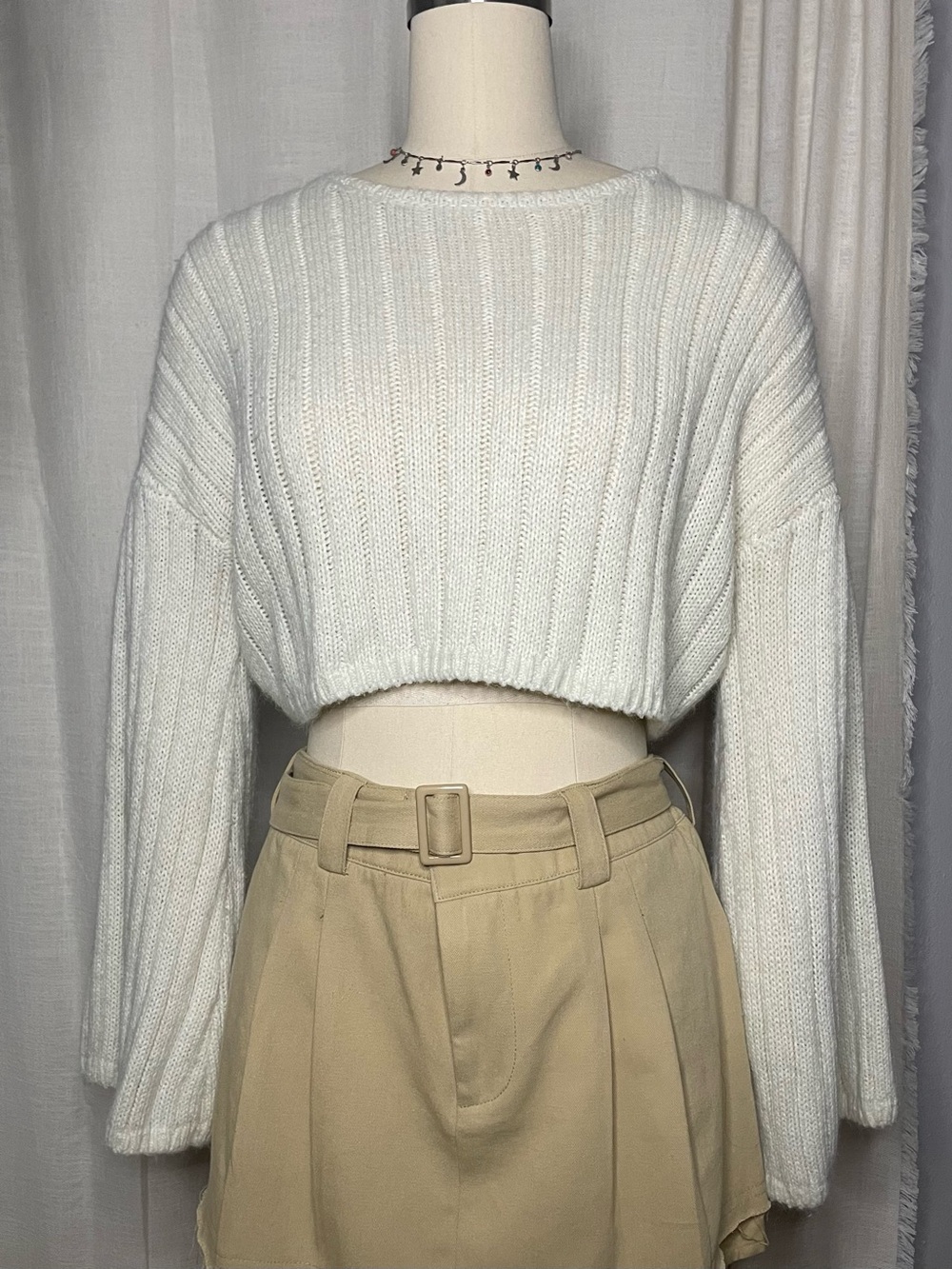 🤍Nasty Gal - Ivory Cropped Ribbed Knit Sweater Size XXS-S/M